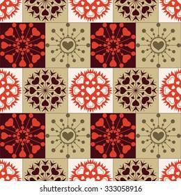 Christmas seamless pattern of heart snowflakes. New Year, Valentine day, birthday texture. Gold, green, brown, red colored signs on checked background. Winter, coffee, chocolate theme. Vector