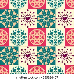 Christmas seamless pattern of heart snowflakes. New Year, Valentine day, birthday texture. Red, turquoise, orange colored signs on checked retro background. Winter home kitchen theme. Vector