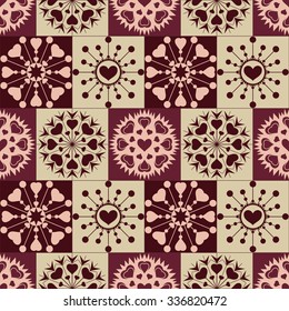 Christmas seamless pattern of heart snowflakes. New Year, Valentine day, birthday texture. Brown, vinous, gray, rose colored signs on checked background. Winter, coffee, chocolate theme. Vector