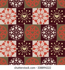 Christmas seamless pattern of heart snowflakes. New Year, Valentine day, birthday texture. Gold, green, brown, red colored signs on checked background. Winter, coffee, chocolate theme. Vector