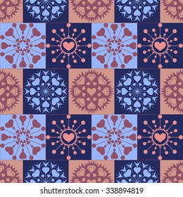 Christmas seamless pattern of heart snowflakes. New Year, Valentine day, birthday texture. Unusual stylized ornament. Brown, gray, blue colored background. Winter, coffee, chocolate, ice cream. Vector