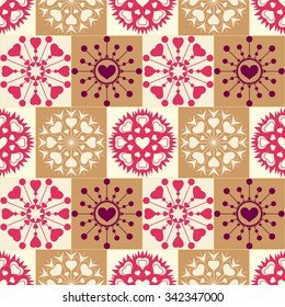 Christmas seamless pattern of heart snowflakes. New Year, Valentine day, birthday texture. Gold, magenta, vinous, yellow colored checked background. Winter  theme. Vector