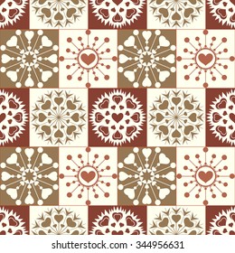 Christmas seamless pattern of heart snowflakes. New Year, Valentine day, birthday texture. Gold, green, yellow, white colored signs on checked background. Winter theme. Vector
