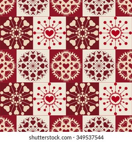 Christmas seamless pattern. Heart snowflakes. New Year, Valentine day, birthday texture. Unusual ornament. Red, brown, rose colored background. Vector