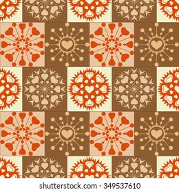 Christmas seamless pattern. Heart snowflakes. New Year, Valentine day, birthday texture. Unusual ornament. Orange, green, yellow colored background. Vector