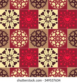Christmas seamless pattern. Heart snowflakes. New Year, Valentine day, birthday texture. Unusual ornament. Red, brown, yellow colored background. Vector