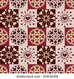 Christmas seamless pattern. Heart snowflakes. New Year, Valentine day, birthday texture. Unusual ornament. Brown, vinous, gold colored background. Coffee, chocolate theme. Vector