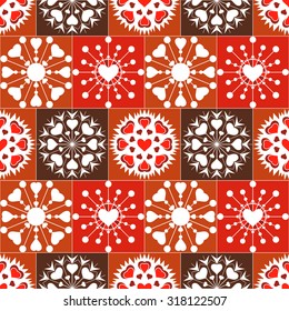 Christmas seamless pattern of heart view snowflakes. New Year, Valentine day, birthday texture. Unusual stylized ornament. Red, brown, white colored background. Winter theme. Vector illustration.