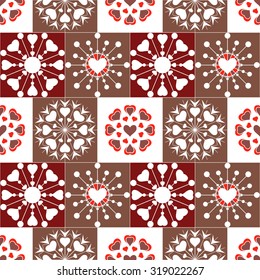 Christmas seamless pattern of heart view snowflakes. New Year, Valentine day, birthday texture. Unusual stylized ornament. Red, brown, white colored background. Winter theme. Vector illustration.