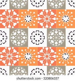 Christmas seamless pattern of heart view snowflakes. New Year, Valentine day, birthday texture. Unusual stylized ornament. Gray, white, orange colored background. Winter theme. Vector illustration.