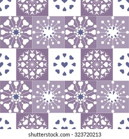 Christmas seamless pattern of heart view snowflakes. New Year, Valentine day, birthday texture. Vector illustration.