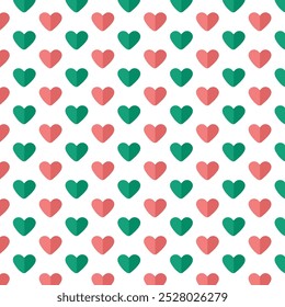 Christmas seamless pattern with hearts.Red and green heart repeat pattern isolated on white background.Vector graphic background.