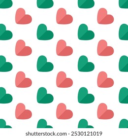 Christmas seamless pattern with hearts.Red and green heart repeat pattern isolated on white background.Vector graphic background.