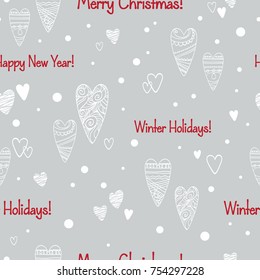 Christmas seamless pattern with hearts and snow