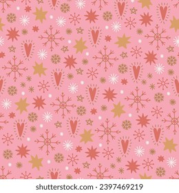Christmas seamless pattern with hearts, stars, snowflakes on pink background. Perfect for wallpaper, gift paper, winter greeting cards. Vector illustration