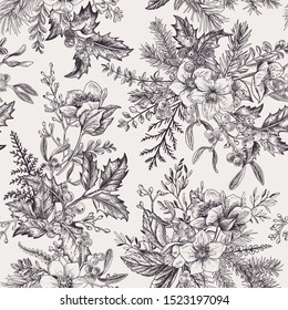 Christmas seamless pattern with hellebore flowers, pine and fir branches. Botanical illustration. Engraving. Black and white. Background with winter plants.