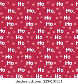 Christmas seamless pattern with ho ho ho text and stylized xmas baubles. Viva Magenta color of the year 2023 Santa Claus laughter Vector illustration in flat style 