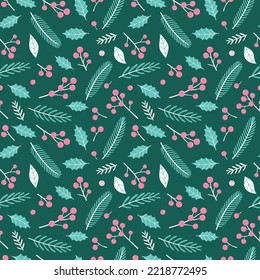 Christmas seamless pattern with holi berries, leaves and branches.