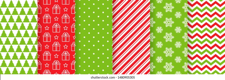 Christmas Seamless Pattern. Holiday Background. Vector. Xmas New Year Texture With Tree, Gift, Polka Dot, Candy Cane, Snowflake, Zigzag. Print For Wrapping Paper, Web, Textile. Red Green Illustration