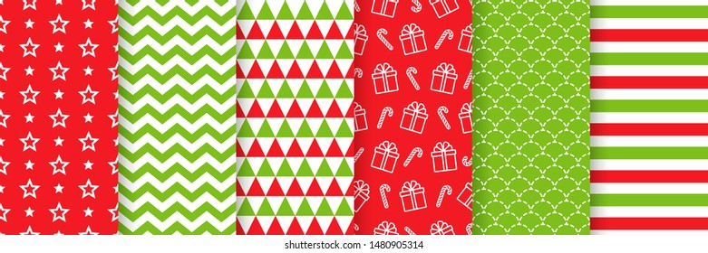 Christmas seamless pattern. Holiday background. Vector. Endless texture with star, present, zig zag, triangle, candy cane. Festive print for wrapping paper, web, textile. Red green illustration