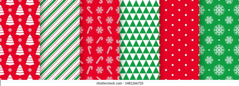 Christmas seamless pattern. Holiday background. Vector. Xmas New year texture with tree, polka dot, candy cane, snowflake, triangle. Print for wrapping paper, web, textile. Red green illustration