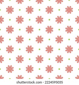 Christmas seamless pattern. Holiday background. Xmas, New year endless texture wrapping paper with red snowflakes and green polka dots. Festive geometric textile print. Vector illustration