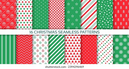 Christmas seamless pattern. Holiday background. Xmas red green textures polka dot, with zigzag, candy cane stripes, stars. Set of retro scrapbook prints. New year wrapping paper. Vector illustration  