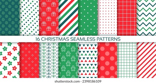 Patrón de Navidad sin fisuras. Fondo de vacaciones. Texturas navideñas con zigzag, polka dot, check, stripes. Conjunto de huellas verdes rojas. Papel de envolvimiento de Año Nuevo retro. Diseño de cuadernos de caracteres. Ilustración del vector