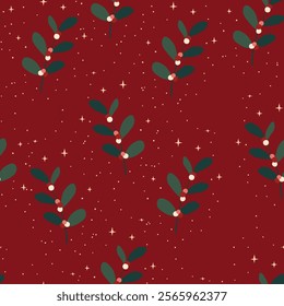 Christmas seamless pattern. Holiday Background with berry fruit. Doodle sprigs  print. Design for hiliday card, poster, fabric, textile.