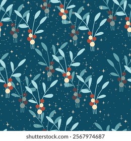 Christmas seamless pattern. Holiday Background with berry fruit. Doodle sprigs  print. Design for hiliday card, poster, fabric, textile.