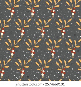 Christmas seamless pattern. Holiday Background with berry fruit. Doodle sprigs  print. Design for hiliday card, poster, fabric, textile.