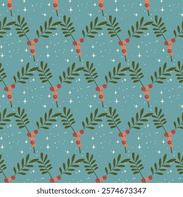 Christmas seamless pattern. Holiday Background with berry fruit. Doodle sprigs  print. Design for hiliday card, poster, fabric, textile.