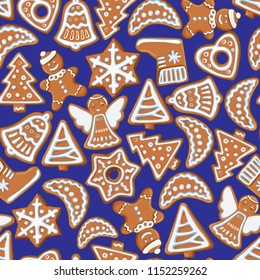Christmas seamless pattern of holiday cookies with ornaments. Vector elegant background.