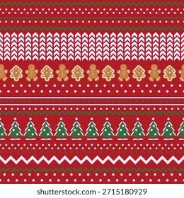 Navidades sin patrón con decoraciones y símbolos de vacaciones: hombre de jengibre, árbol de Navidad, estrellas, nieve y un suéter de punto. ¡Felices Navidades y Feliz Año Nuevo! Ilustración vectorial.