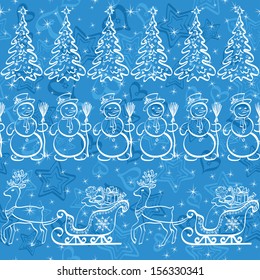 Christmas seamless pattern for holiday design, white contours on blue background. Vector