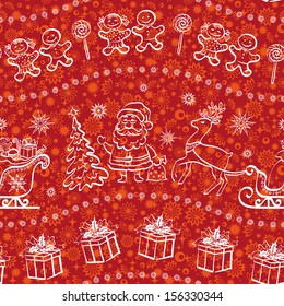 Christmas seamless pattern for holiday design, white contours on red background. Vector