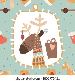Christmas seamless pattern for holiday design and Xmas goods. Scandinavian style. Reindeer and christmas tree decoration. Vector illustration. Pattern is cut, no clipping mask. Vintage style.