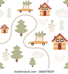 Christmas seamless pattern for holiday design and Xmas goods. Scandinavian style. Winter little town, tree, houses, snowman. Vector illustration. Pattern is cut, no clipping mask.
