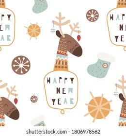 Christmas seamless pattern for holiday design and Xmas goods. Scandinavian style. Reindeer and christmas tree decoration. Vector illustration. Pattern is cut, no clipping mask. Text Happy New Year.