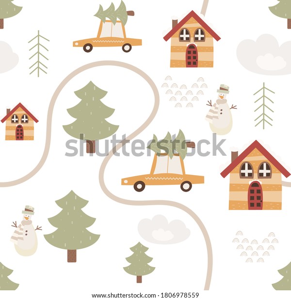 Christmas\
seamless pattern for holiday design and Xmas goods. Scandinavian\
style. Winter little town, tree, houses, snowman. Vector\
illustration. Pattern is cut, no clipping\
mask.
