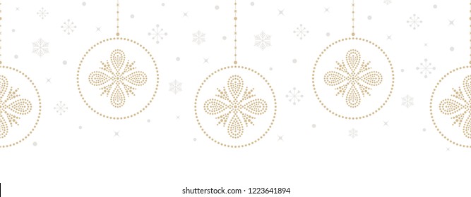 Christmas seamless pattern. Holiday dotted signs and symbols hanging on white background. Christmas tree balls and snowflakes. Vector illustration.