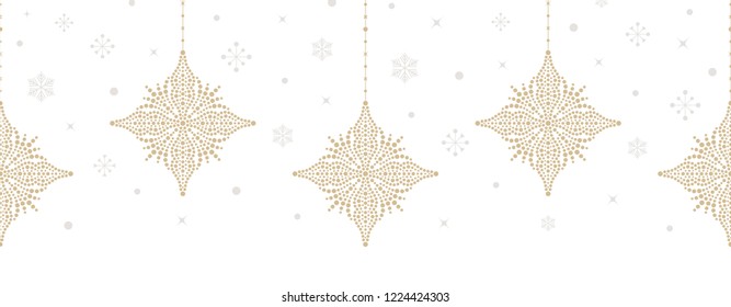 Christmas seamless pattern. Holiday dotted signs and symbols hanging on white background. Christmas tree decorations and snowflakes. Vector illustration.