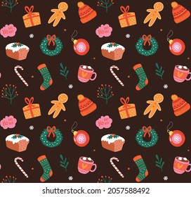 Christmas seamless pattern with holiday elements.