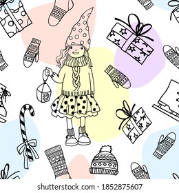 Christmas seamless pattern with holiday gifts. Hand drawn sketch style. Line art. Winter background for paper, decoration and wrapping.