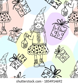 Christmas seamless pattern with holiday gifts and pretty girl. Hand drawn sketch style. Line art. Winter background for paper, decoration and wrapping.