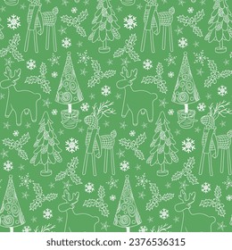 Christmas seamless pattern with holiday hand made trees, reindeers, holly berries and snowflakes. White doodle elements on green background. Winter holiday design for decoration, wrapping, banner