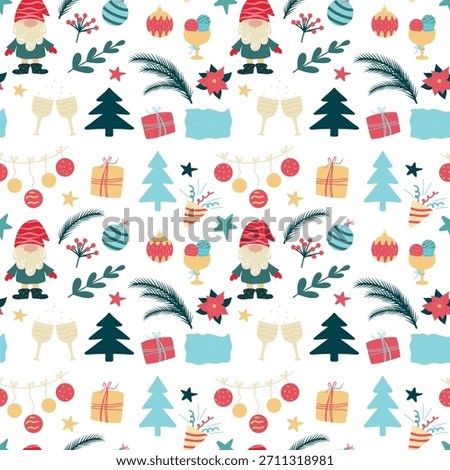 Christmas seamless pattern, holiday icons. Festive pattern with santa claus and christmas elements. Holiday repeat pattern, seasonal motif vector