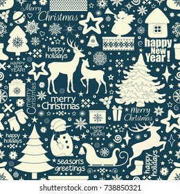 Christmas seamless pattern with holiday inscriptions and elements on blue background