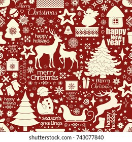 Christmas seamless pattern with holiday inscriptions on red background