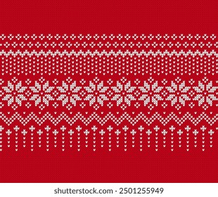 Christmas seamless pattern. Holiday knit background with snowflakes. Festive winter ornament. Knitted sweater print. Xmas geometric border. Fair isle traditional texture. Vector.